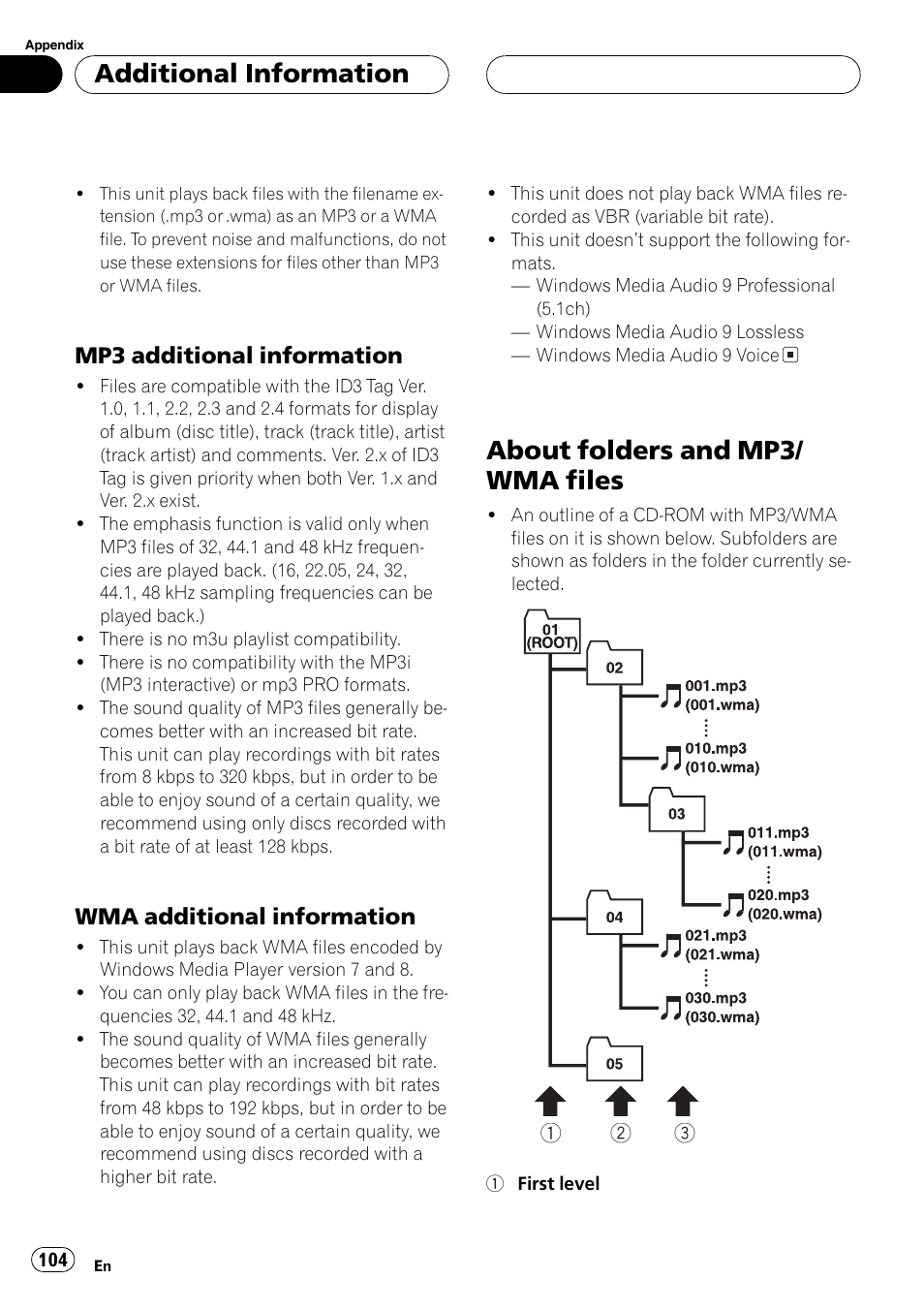 About folders and mp3/wma files 104, About folders and mp3/ wma files, Additionalinformation | Mp3 additionalinformation, Wma additionalinformation | Pioneer AVH-P6600DVD User Manual | Page 104 / 114