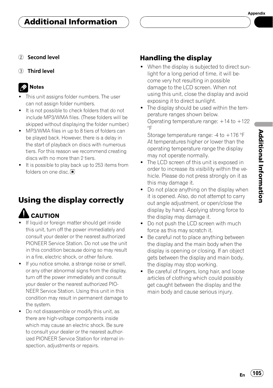 Using the display correctly 105, Using the display correctly, Additionalinformation | Handling the display | Pioneer AVH-P6600DVD User Manual | Page 105 / 114