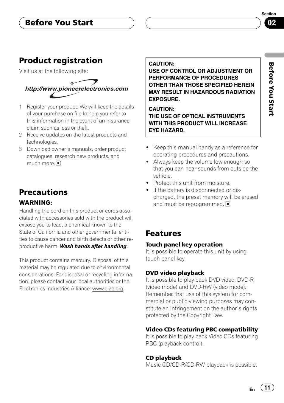 Product registration 11 precautions 11 features 11, Product registration, Precautions | Features, Before you start | Pioneer AVH-P6600DVD User Manual | Page 11 / 114