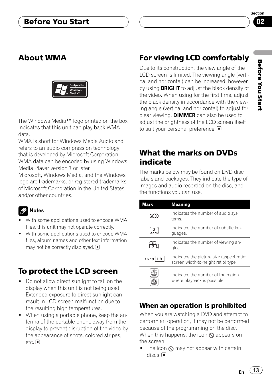 When an operation is prohibited 13, About wma, For viewing lcd comfortably | What the marks on dvds indicate, Before you start, When an operation is prohibited | Pioneer AVH-P6600DVD User Manual | Page 13 / 114