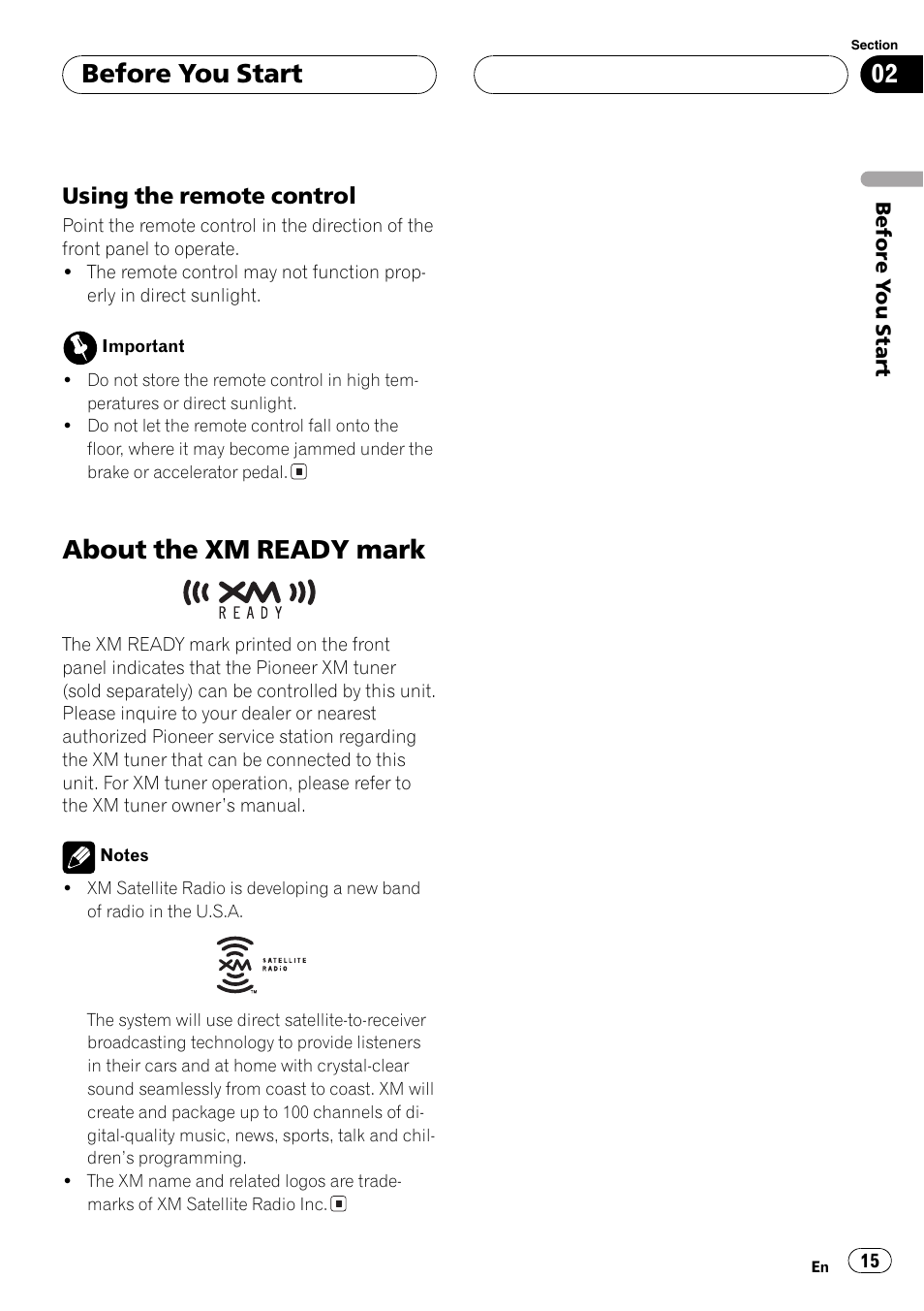 About the xm ready mark 15, About the xm ready mark, Before you start | Using the remote control | Pioneer AVH-P6600DVD User Manual | Page 15 / 114