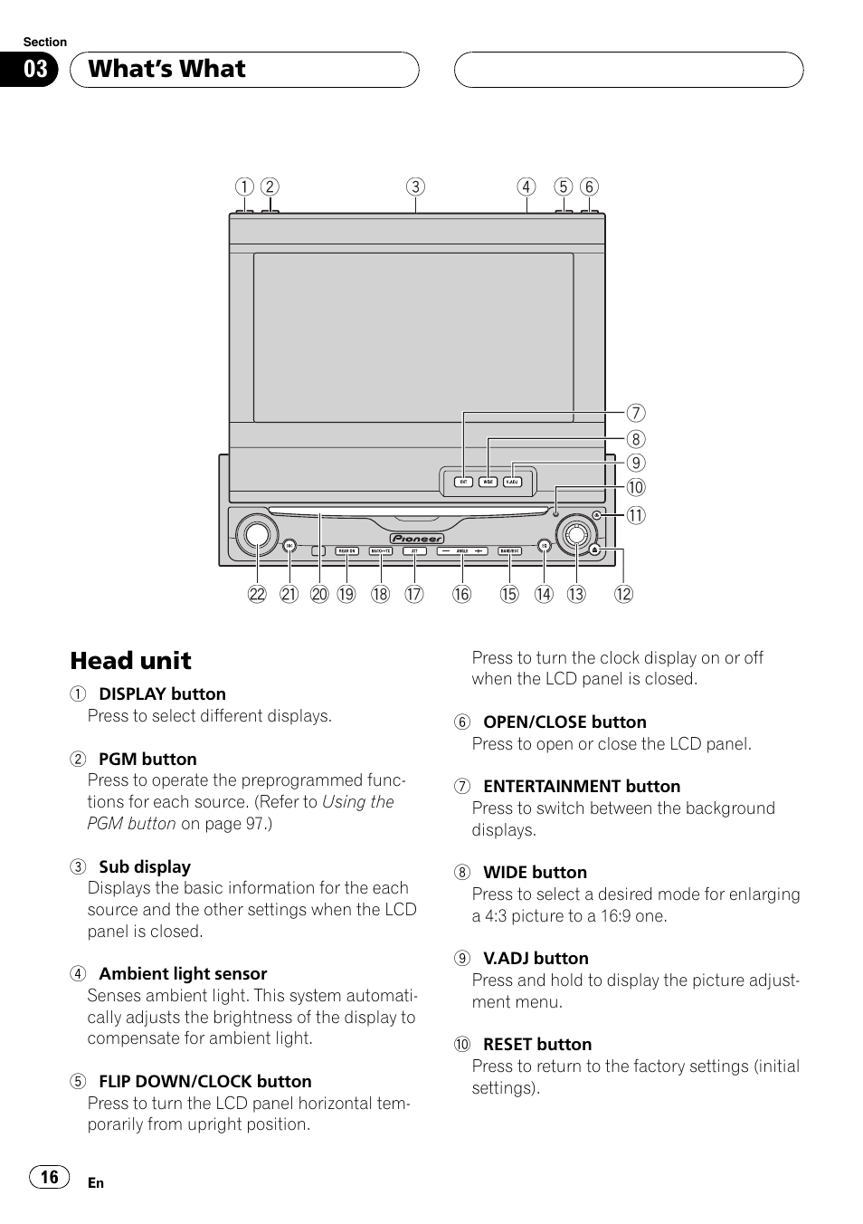 What  s what head unit 16, Head unit, Whats what | Pioneer AVH-P6600DVD User Manual | Page 16 / 114