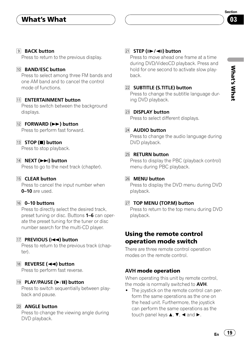 Using the remote control, Whats what, Using the remote control operation mode switch | Pioneer AVH-P6600DVD User Manual | Page 19 / 114