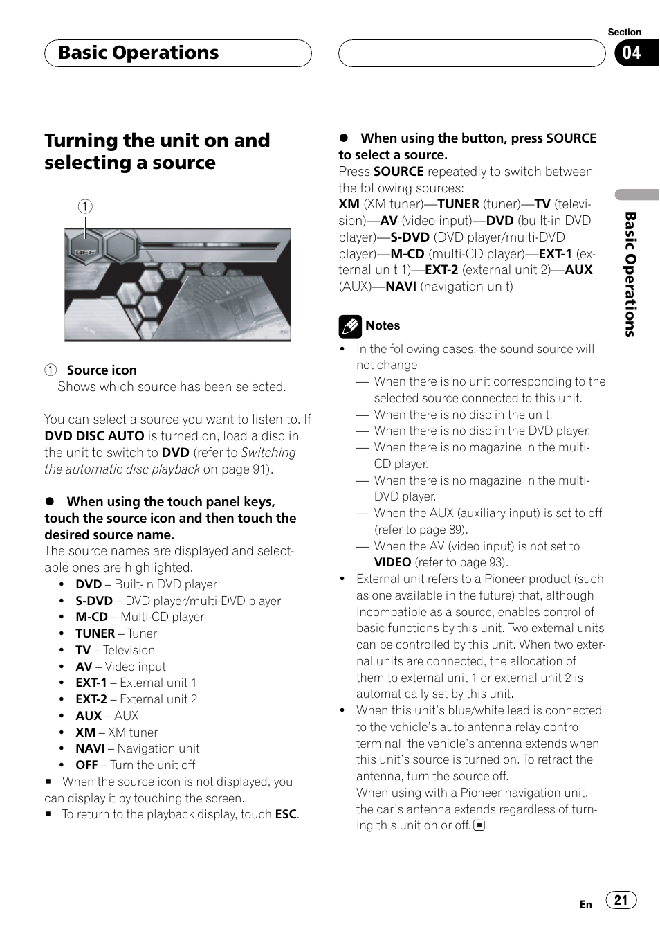 Source 21, Turning the unit on and selecting a source, Basic operations | Pioneer AVH-P6600DVD User Manual | Page 21 / 114