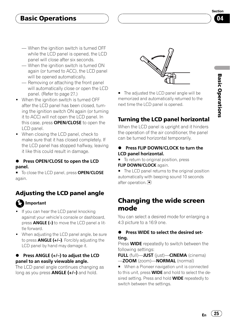 Changing the wide screen mode 25, Changing the wide screen mode, Basic operations | Adjusting the lcd panelangle, Turning the lcd panelhorizontal | Pioneer AVH-P6600DVD User Manual | Page 25 / 114