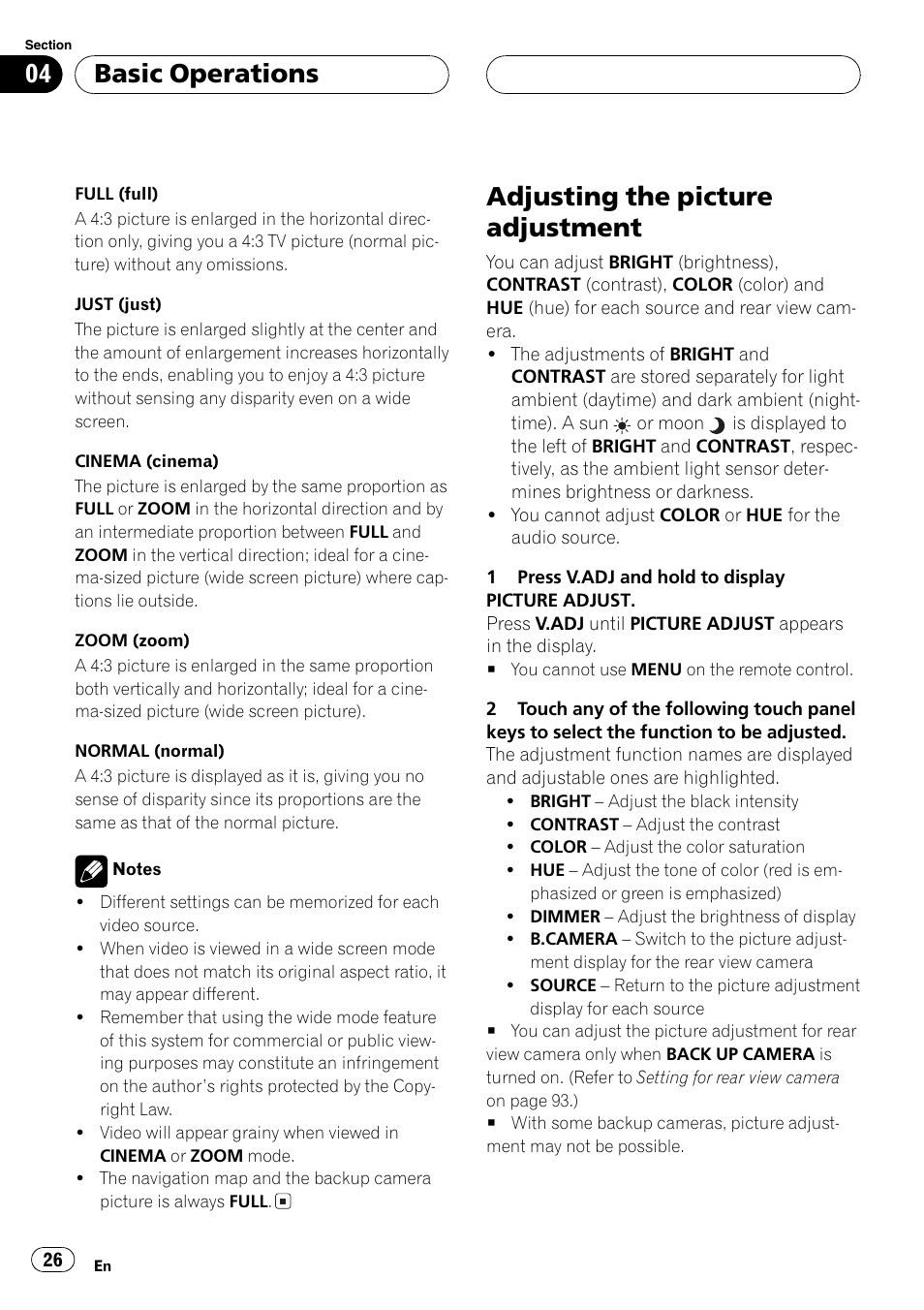 Adjusting the picture adjustment 26, Adjusting the picture adjustment, Basic operations | Pioneer AVH-P6600DVD User Manual | Page 26 / 114