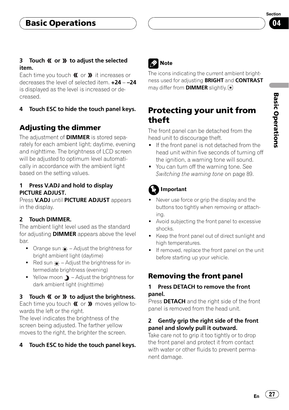 Protecting your unit from theft 27, Protecting your unit from theft, Basic operations | Adjusting the dimmer, Removing the front panel | Pioneer AVH-P6600DVD User Manual | Page 27 / 114