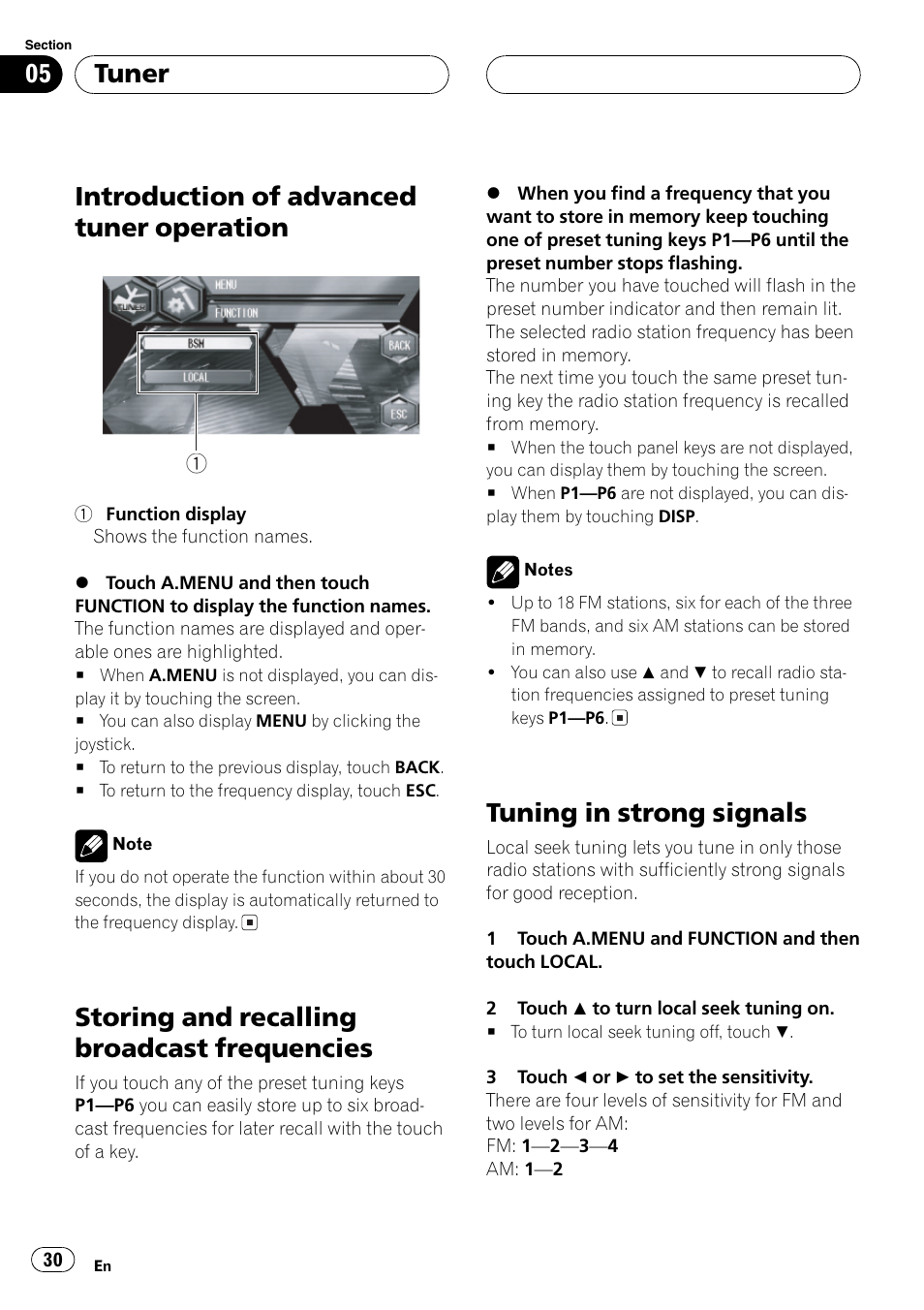 Introduction of advanced tuner, Operation 30, Storing and recalling broadcast | Frequencies 30, Tuning in strong signals 30, Introduction of advanced tuner operation, Storing and recalling broadcast frequencies, Tuning in strong signals, Tuner | Pioneer AVH-P6600DVD User Manual | Page 30 / 114