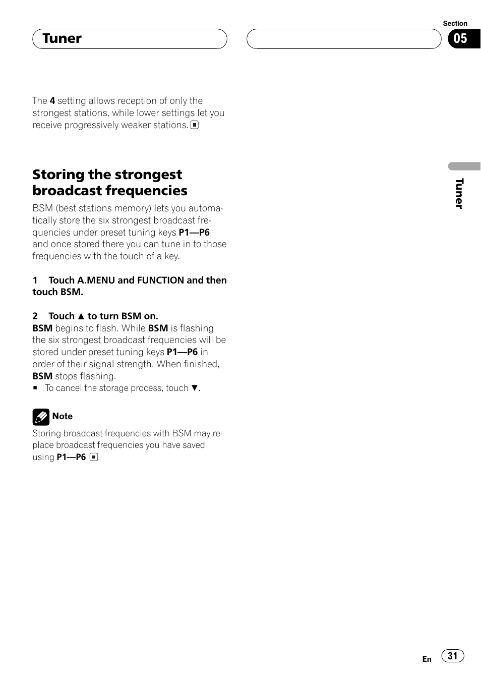 Storing the strongest broadcast, Frequencies 31, Storing the strongest broadcast frequencies | Tuner | Pioneer AVH-P6600DVD User Manual | Page 31 / 114