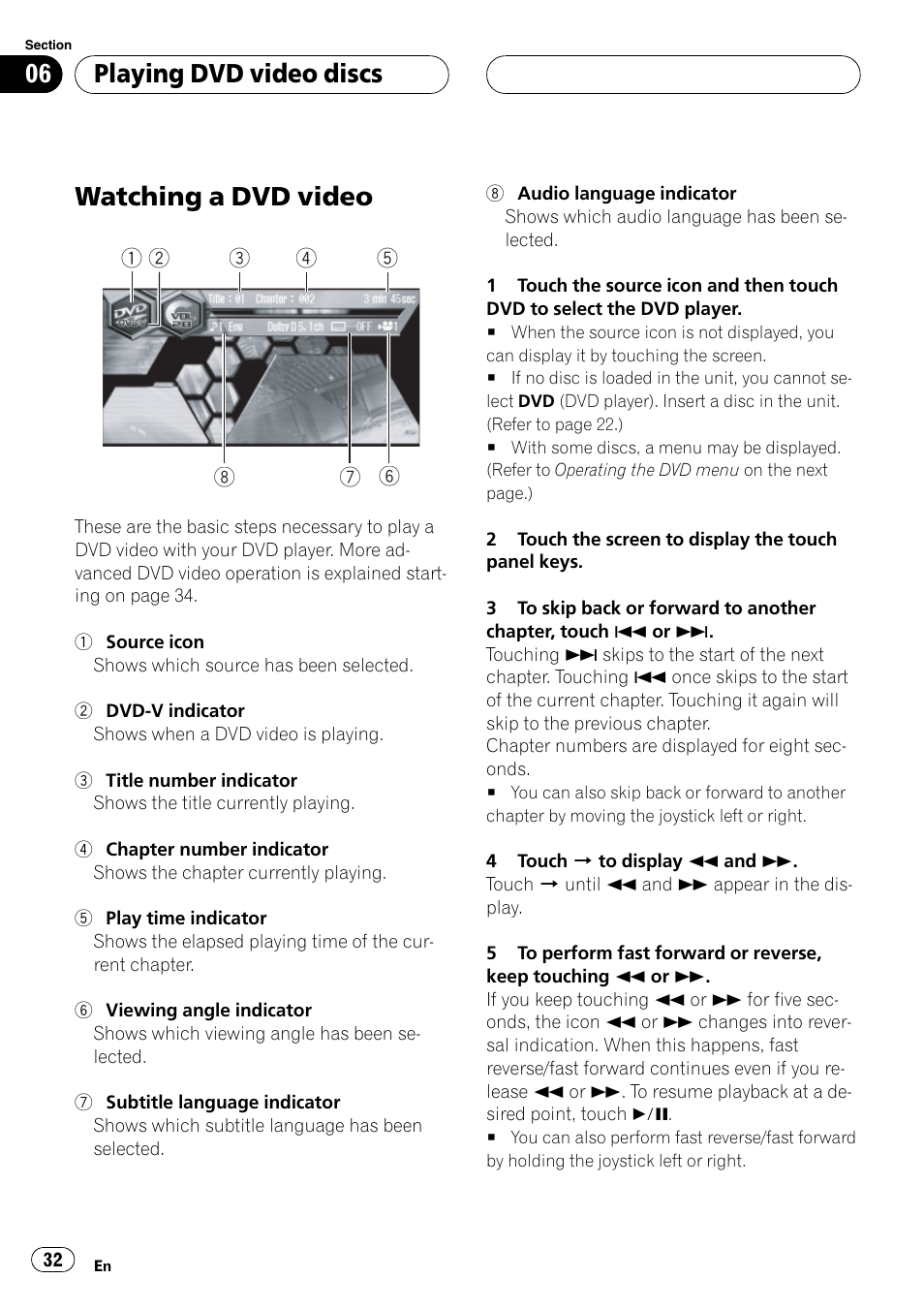 Playing dvd video discs watching a dvd video 32, Watching a dvd video, Playing dvd video discs | Pioneer AVH-P6600DVD User Manual | Page 32 / 114