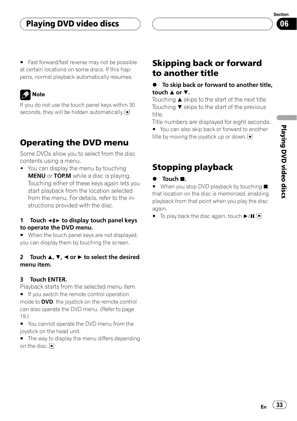 Operating the dvd menu, Skipping back or forward to another title, Stopping playback | Playing dvd video discs | Pioneer AVH-P6600DVD User Manual | Page 33 / 114