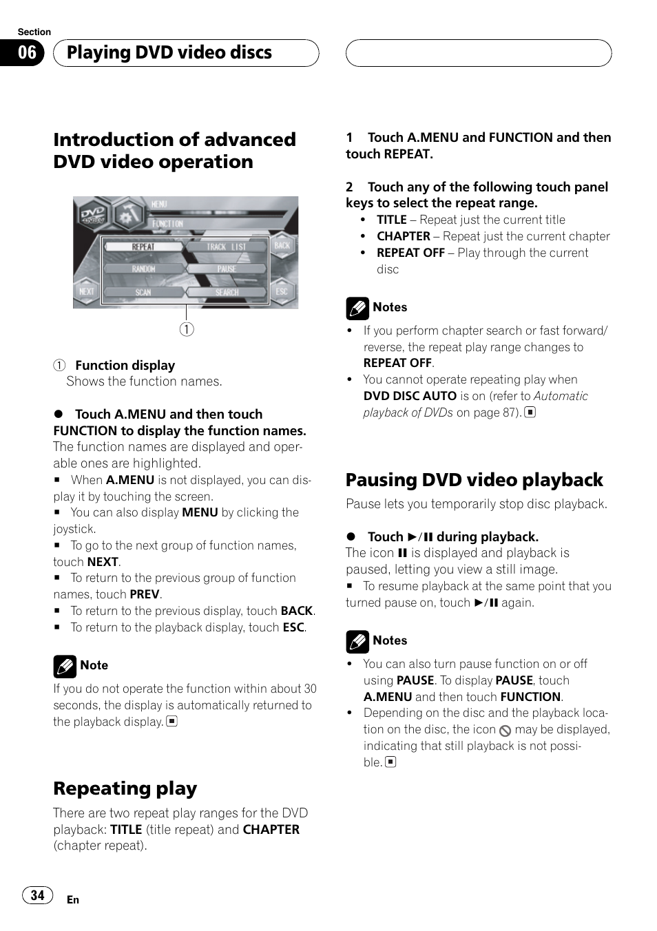Introduction of advanced dvd video, Operation 34, Repeating play 34 pausing dvd video playback 34 | Introduction of advanced dvd video operation, Repeating play, Pausing dvd video playback, Playing dvd video discs | Pioneer AVH-P6600DVD User Manual | Page 34 / 114