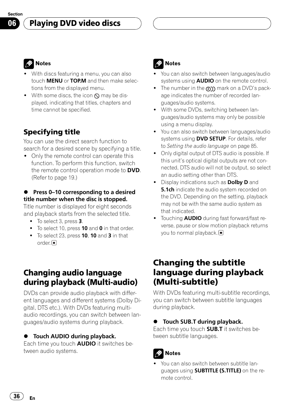 Changing audio language during playback, Multi-audio) 36, Changing the subtitle language during | Playback (multi-subtitle) 36, Playing dvd video discs, Specifying title | Pioneer AVH-P6600DVD User Manual | Page 36 / 114