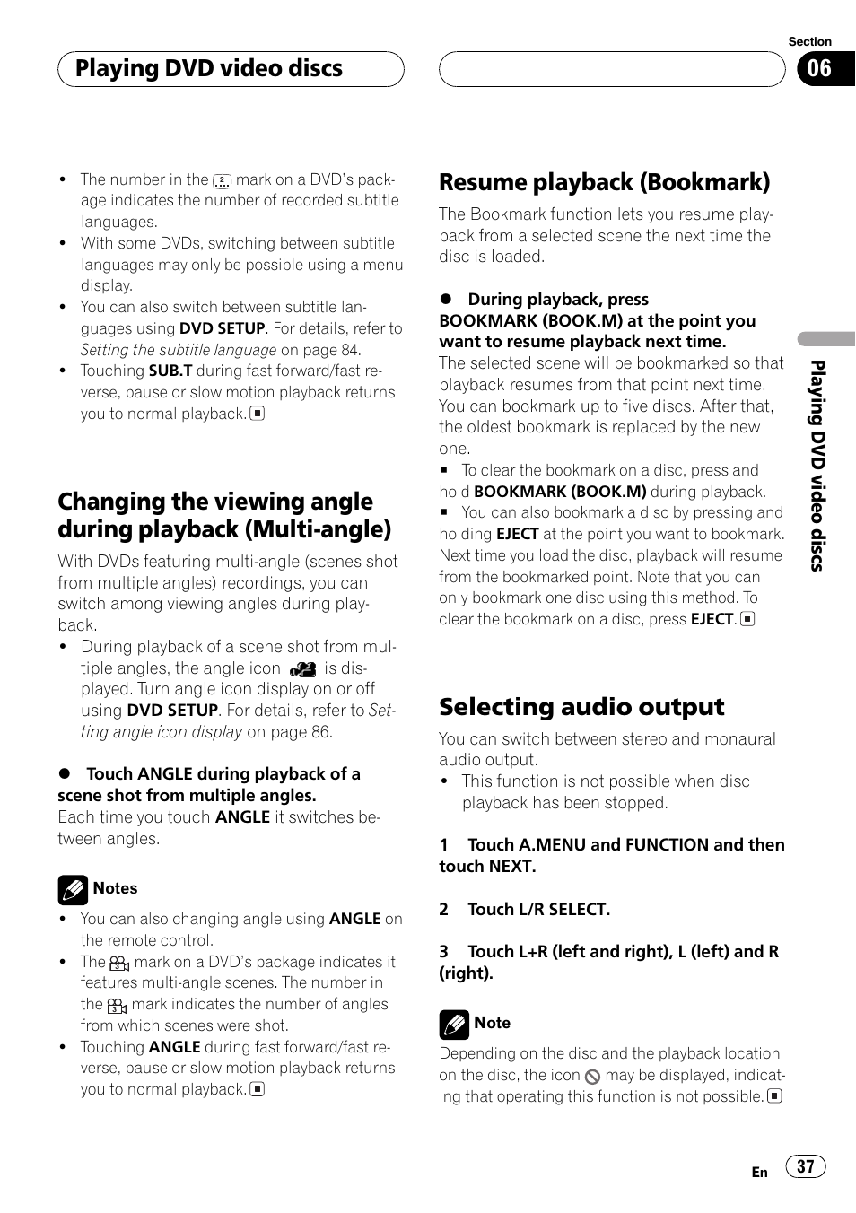 Changing the viewing angle during playback, Multi-angle) 37, Resume playback | Resume playback (bookmark), Selecting audio output, Playing dvd video discs | Pioneer AVH-P6600DVD User Manual | Page 37 / 114