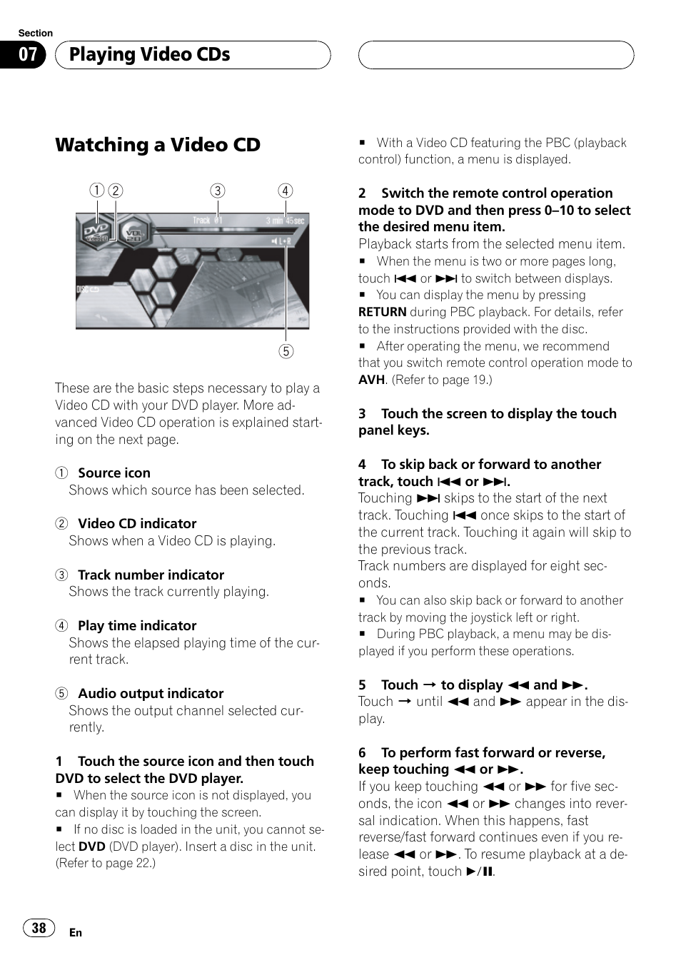 Playing video cds watching a video cd 38, Watching a video cd, Playing video cds | Pioneer AVH-P6600DVD User Manual | Page 38 / 114