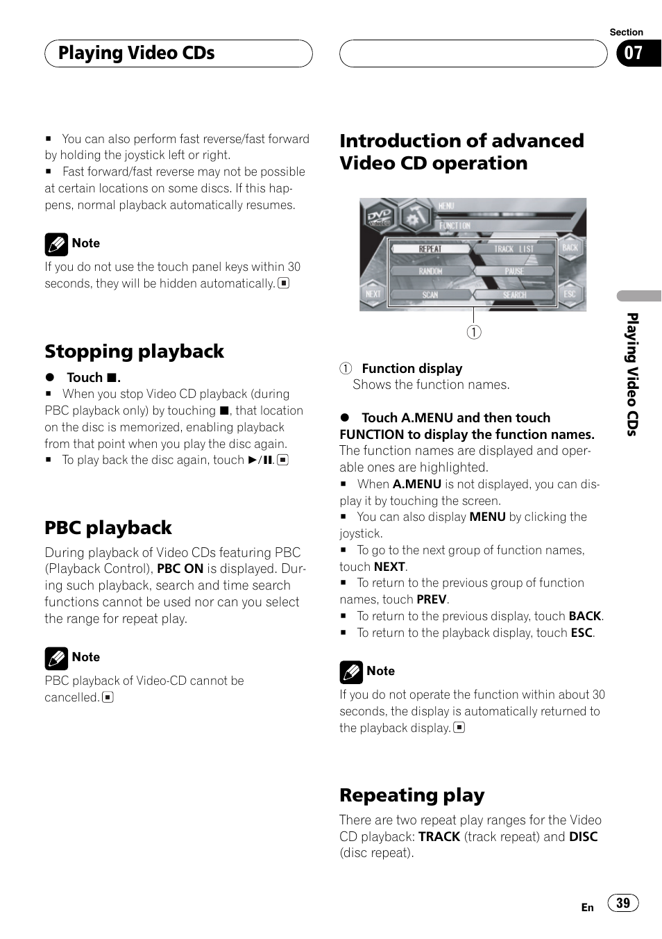 Operation 39, Repeating play 39, Stopping playback | Pbc playback, Introduction of advanced video cd operation, Repeating play, Playing video cds | Pioneer AVH-P6600DVD User Manual | Page 39 / 114