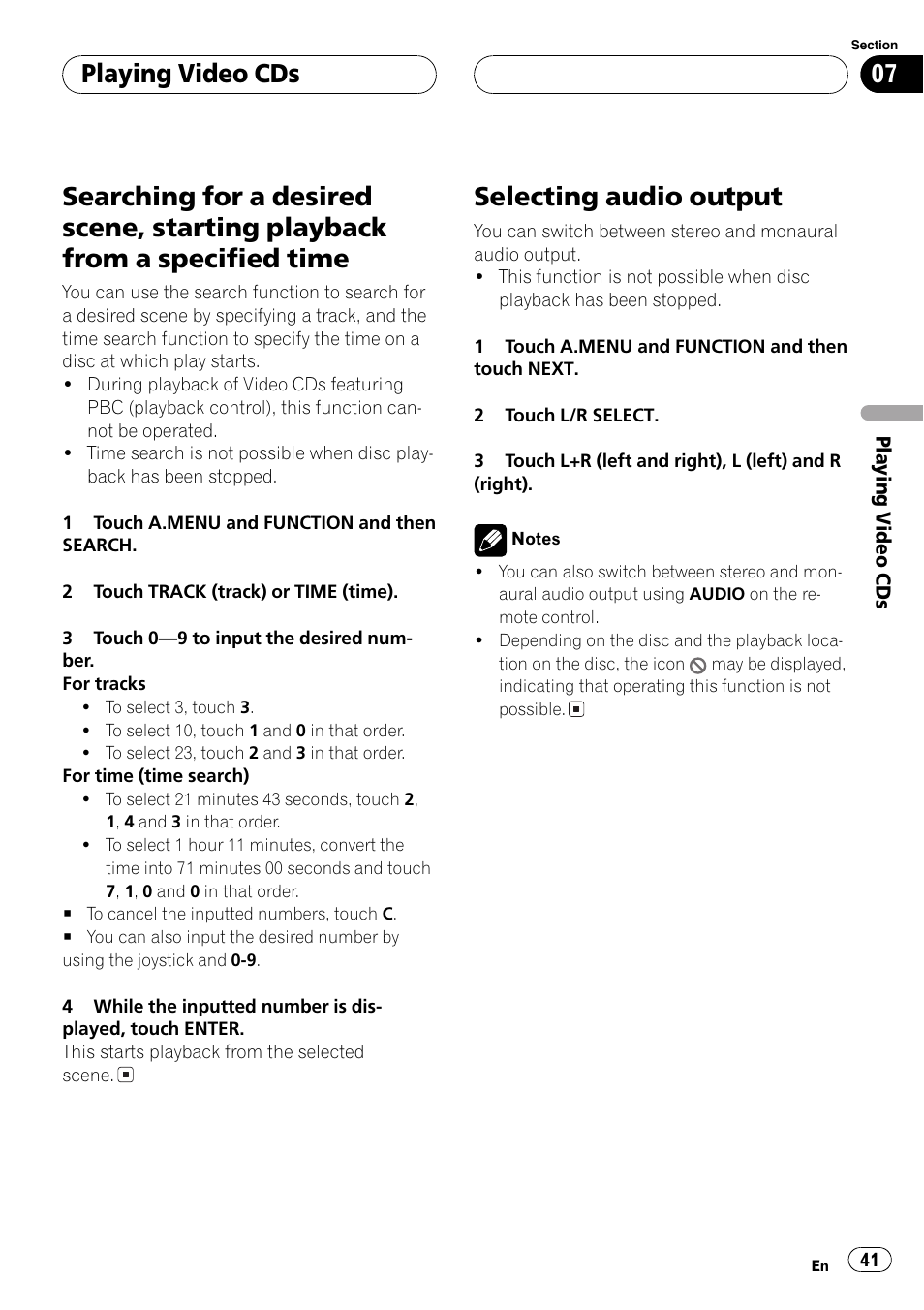 Searching for a desired scene, starting, Playback from a specified time 41, Selecting audio output 41 | Selecting audio output, Playing video cds | Pioneer AVH-P6600DVD User Manual | Page 41 / 114