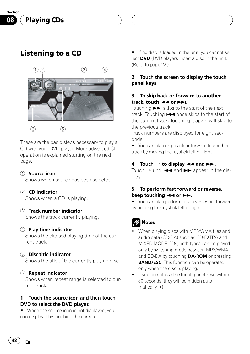 Playing cds listening to a cd 42, Listening to a cd, Playing cds | Pioneer AVH-P6600DVD User Manual | Page 42 / 114