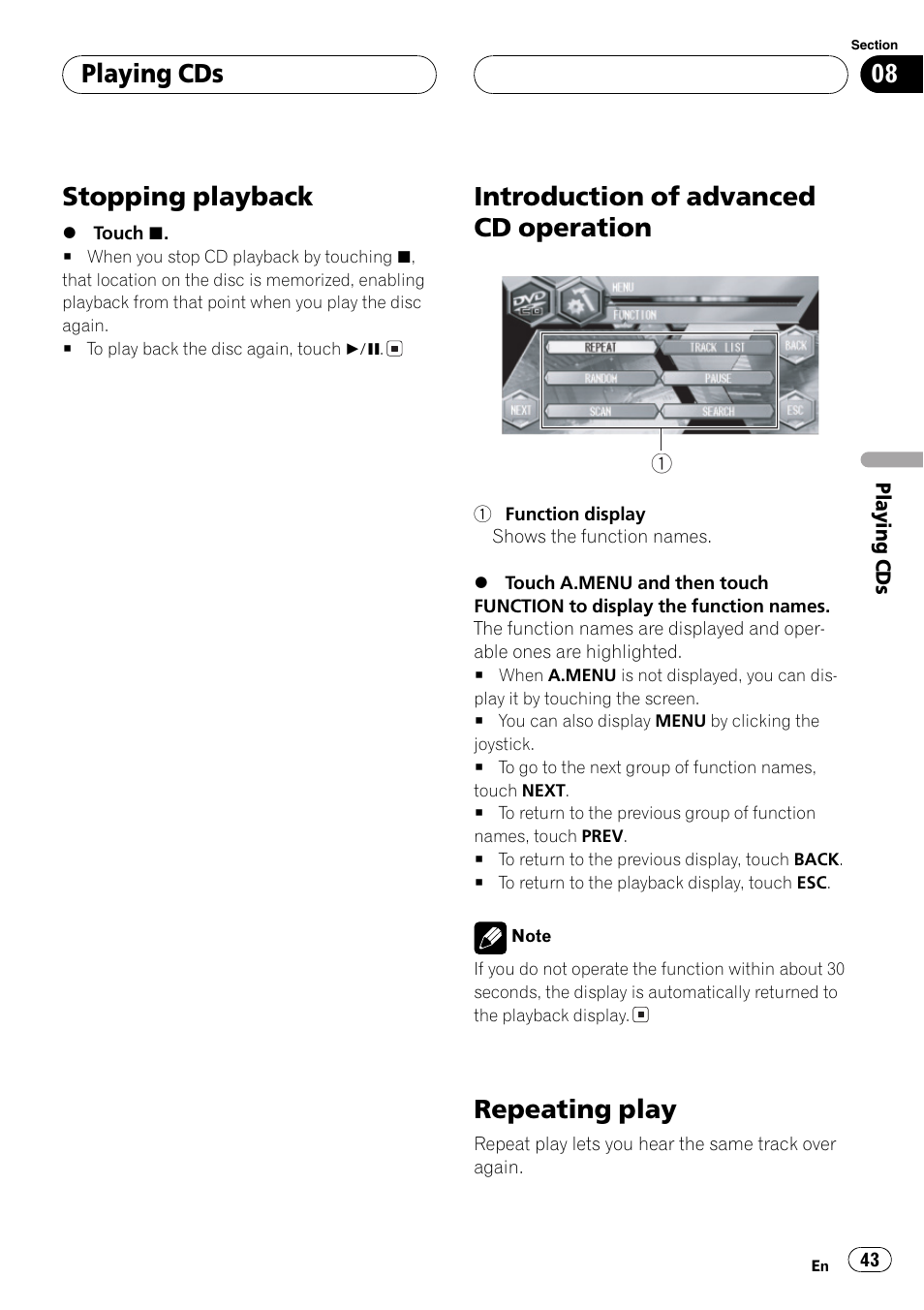 Stopping playback, Introduction of advanced cd operation, Repeating play | Playing cds | Pioneer AVH-P6600DVD User Manual | Page 43 / 114