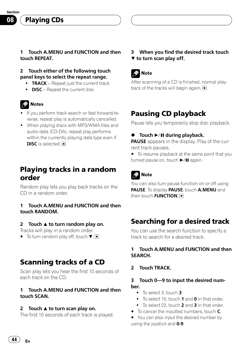 Playing tracks in a random order, Scanning tracks of a cd, Pausing cd playback | Searching for a desired track, Playing cds | Pioneer AVH-P6600DVD User Manual | Page 44 / 114