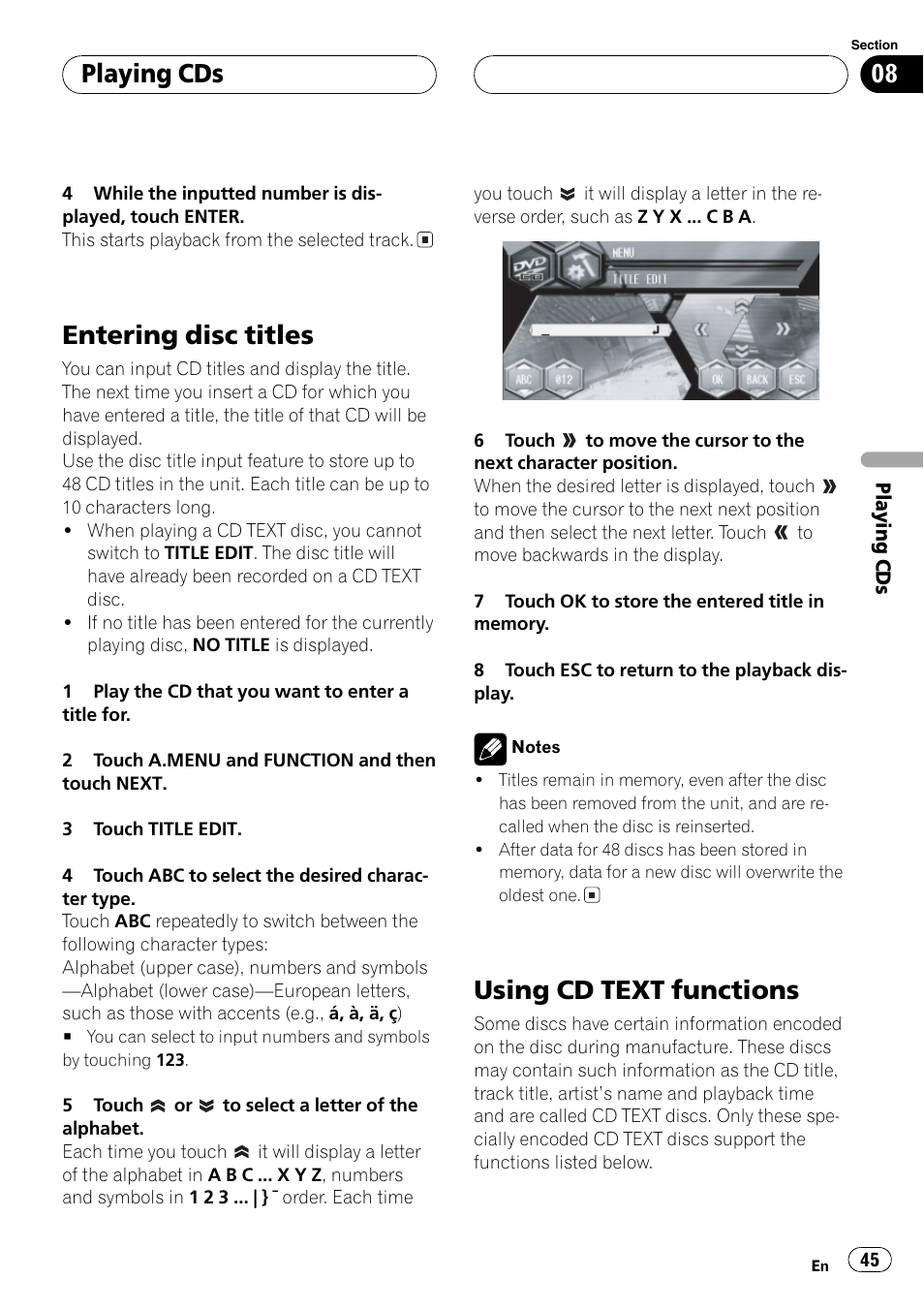 Entering disc titles 45 using cd text functions 45, Entering disc titles, Using cd text functions | Playing cds | Pioneer AVH-P6600DVD User Manual | Page 45 / 114