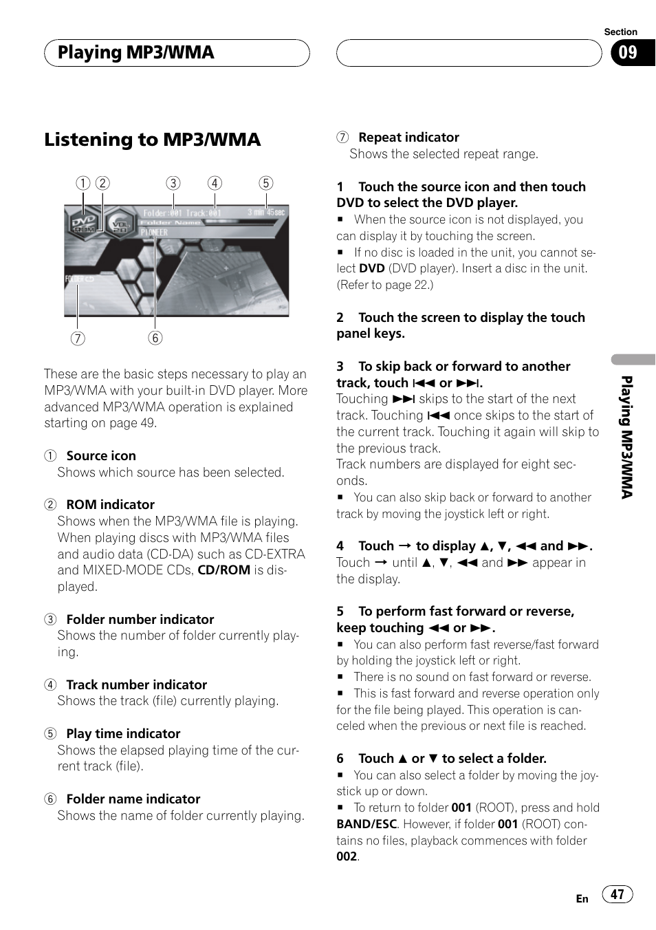 Playing mp3/wma listening to mp3/wma 47, Listening to mp3/wma, Playing mp3/wma | Pioneer AVH-P6600DVD User Manual | Page 47 / 114