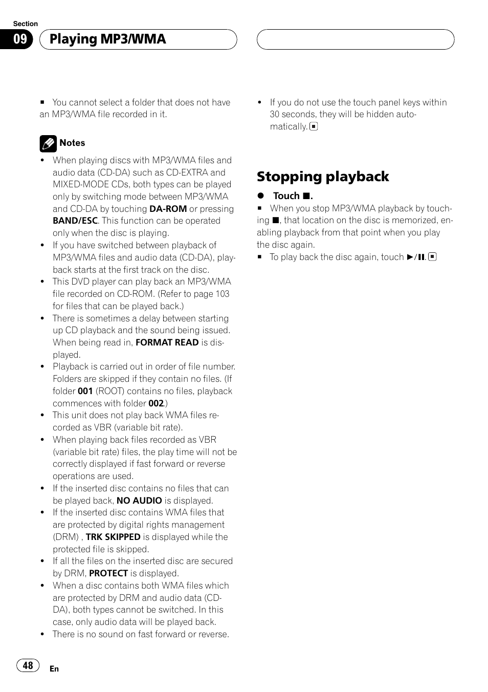 Stopping playback 48, Stopping playback, Playing mp3/wma | Pioneer AVH-P6600DVD User Manual | Page 48 / 114