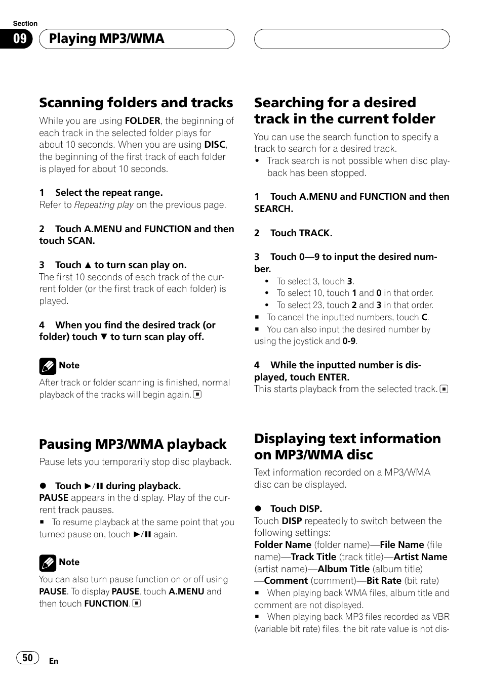 Folder 50, Displaying text information on mp3/wma, Disc 50 | Scanning folders and tracks, Pausing mp3/wma playback, Displaying text information on mp3/wma disc, Playing mp3/wma | Pioneer AVH-P6600DVD User Manual | Page 50 / 114