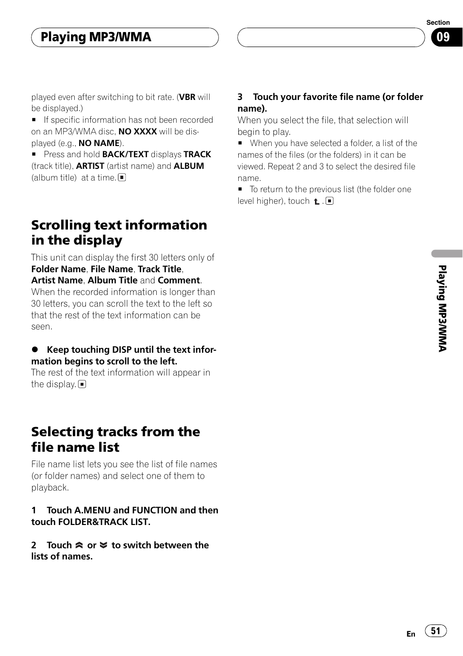 Scrolling text information in the display, Selecting tracks from the file name list, Playing mp3/wma | Pioneer AVH-P6600DVD User Manual | Page 51 / 114
