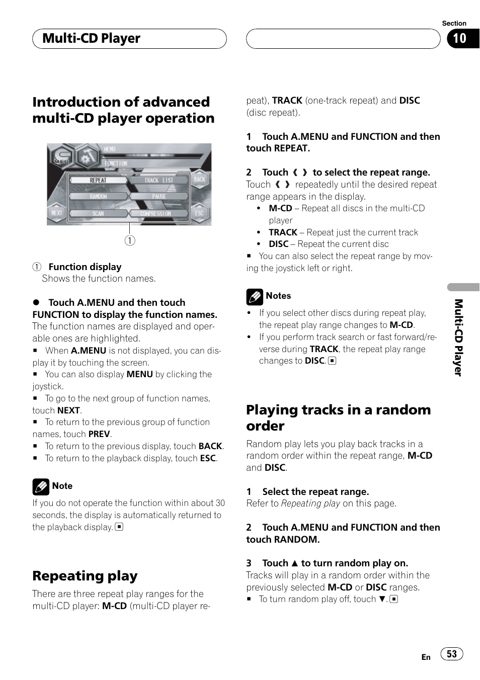 Introduction of advanced multi-cd player, Operation 53, Introduction of advanced multi-cd player operation | Repeating play, Playing tracks in a random order, Multi-cd player | Pioneer AVH-P6600DVD User Manual | Page 53 / 114