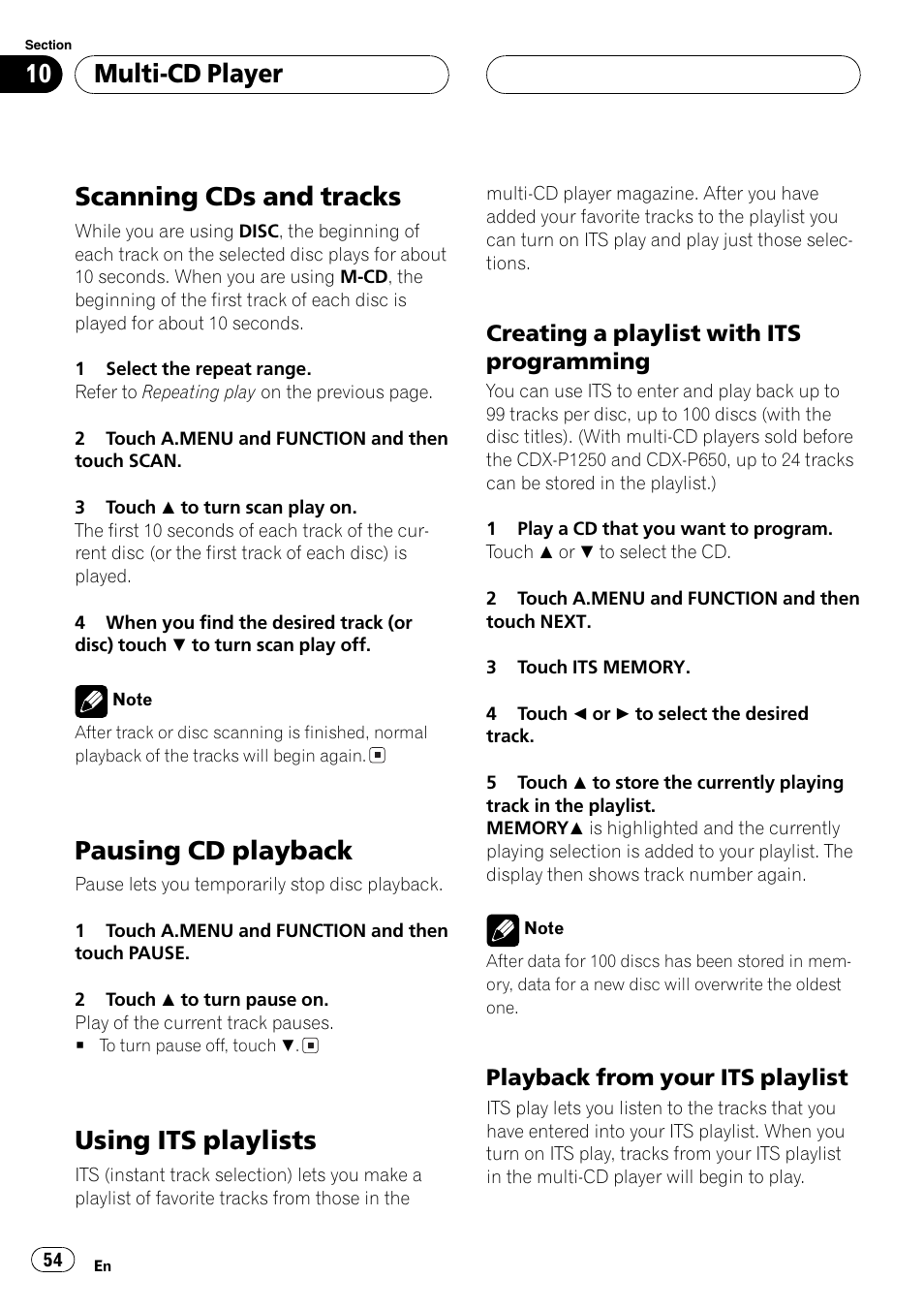 Scanning cds and tracks, Pausing cd playback, Using its playlists | Multi-cd player | Pioneer AVH-P6600DVD User Manual | Page 54 / 114