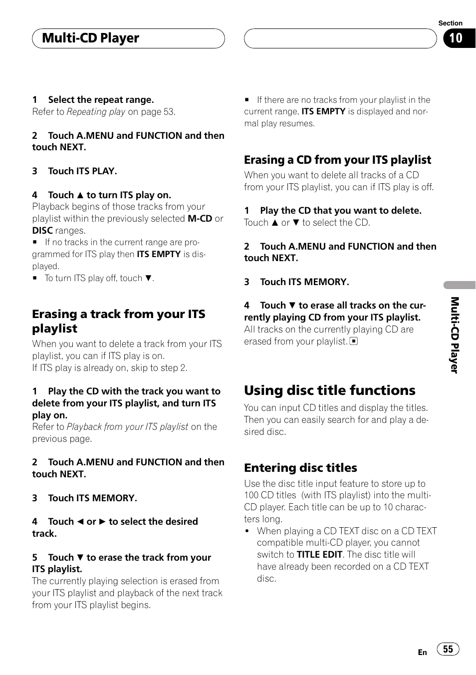 Using disc title functions 55, Using disc title functions, Multi-cd player | Erasing a track from your its playlist, Erasing a cd from your its playlist, Entering disc titles | Pioneer AVH-P6600DVD User Manual | Page 55 / 114