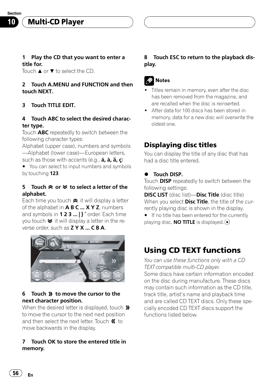 Using cd text functions 56, Using cd text functions, Multi-cd player | Displaying disc titles | Pioneer AVH-P6600DVD User Manual | Page 56 / 114