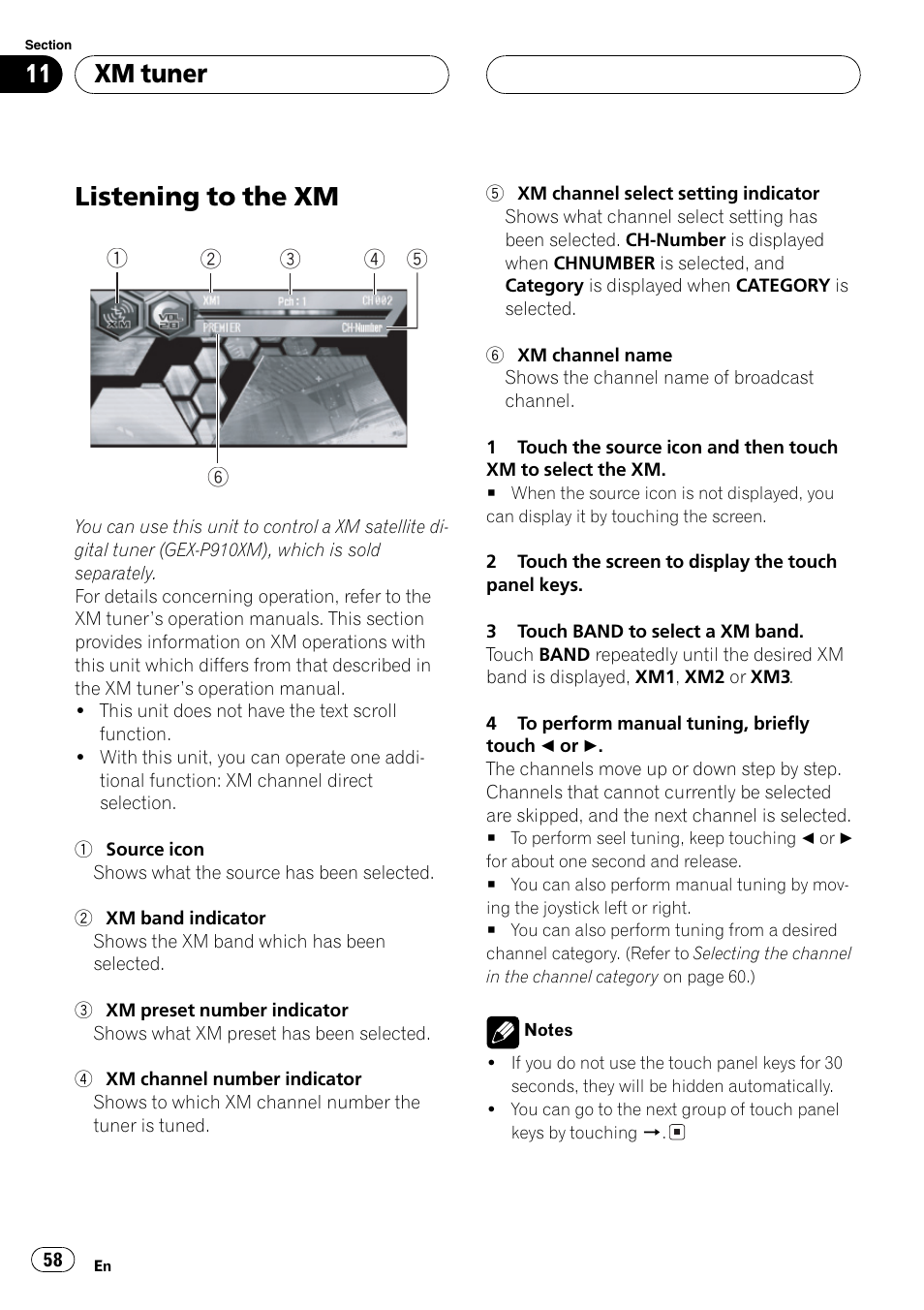 Xm tuner listening to the xm 58, Listening to the xm, Xm tuner | Pioneer AVH-P6600DVD User Manual | Page 58 / 114