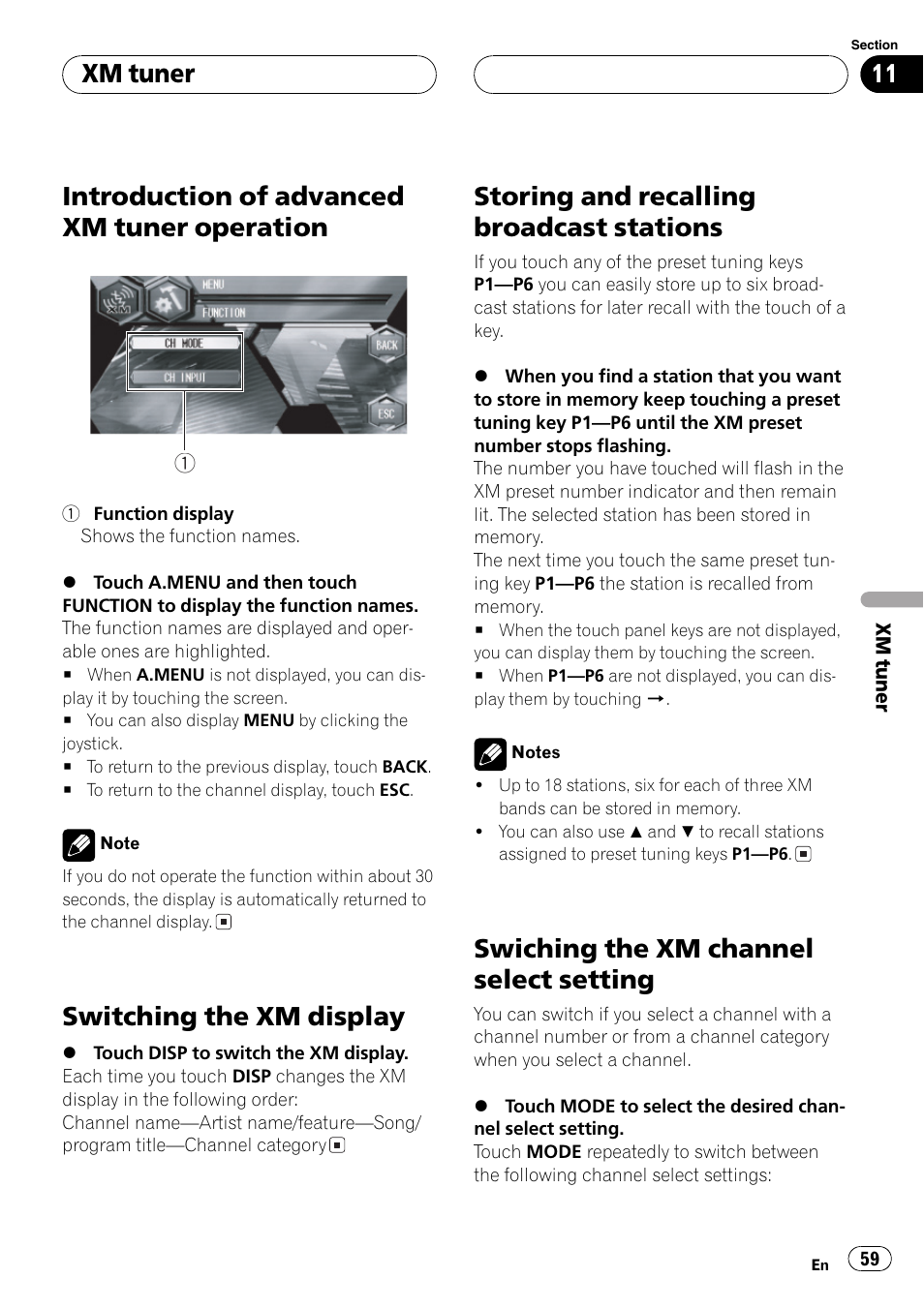 Introduction of advanced xm tuner, Operation 59, Introduction of advanced xm tuner operation | Switching the xm display, Storing and recalling broadcast stations, Swiching the xm channel select setting, Xm tuner | Pioneer AVH-P6600DVD User Manual | Page 59 / 114