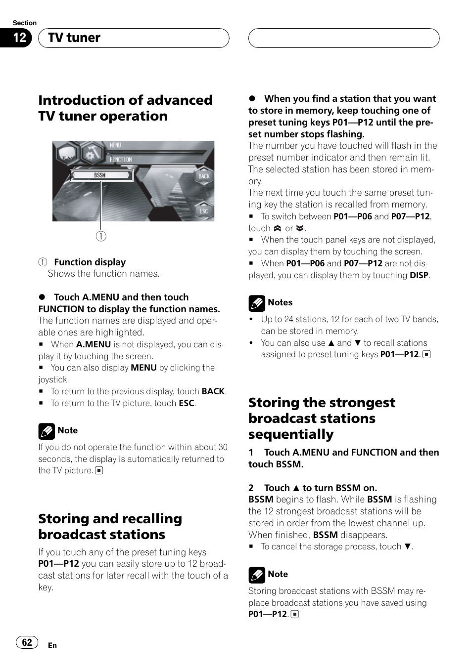 Introduction of advanced tv tuner, Operation 62, Sequentially 62 | Introduction of advanced tv tuner operation, Storing and recalling broadcast stations, Tv tuner | Pioneer AVH-P6600DVD User Manual | Page 62 / 114