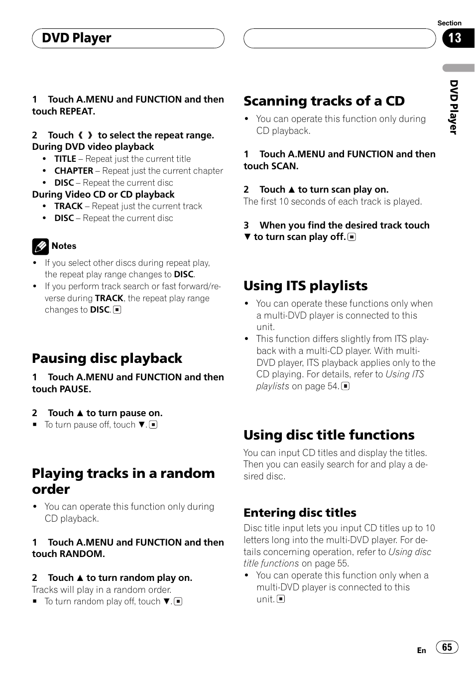 Pausing disc playback, Playing tracks in a random order, Scanning tracks of a cd | Using its playlists, Using disc title functions, Dvd player | Pioneer AVH-P6600DVD User Manual | Page 65 / 114