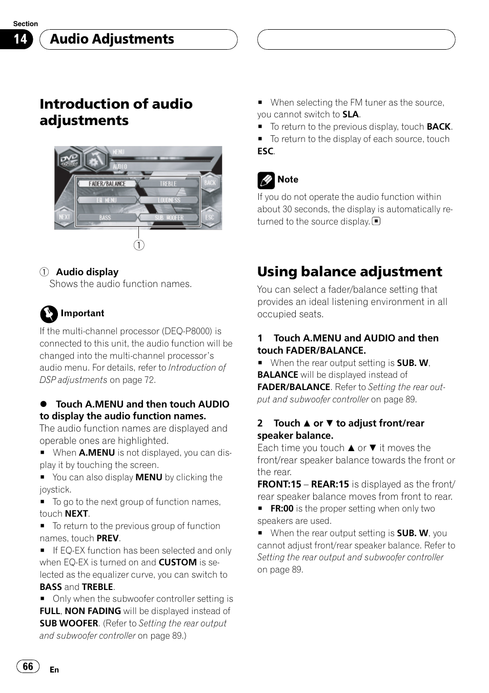 Introduction of audio adjustments, Using balance adjustment, Audio adjustments | Pioneer AVH-P6600DVD User Manual | Page 66 / 114