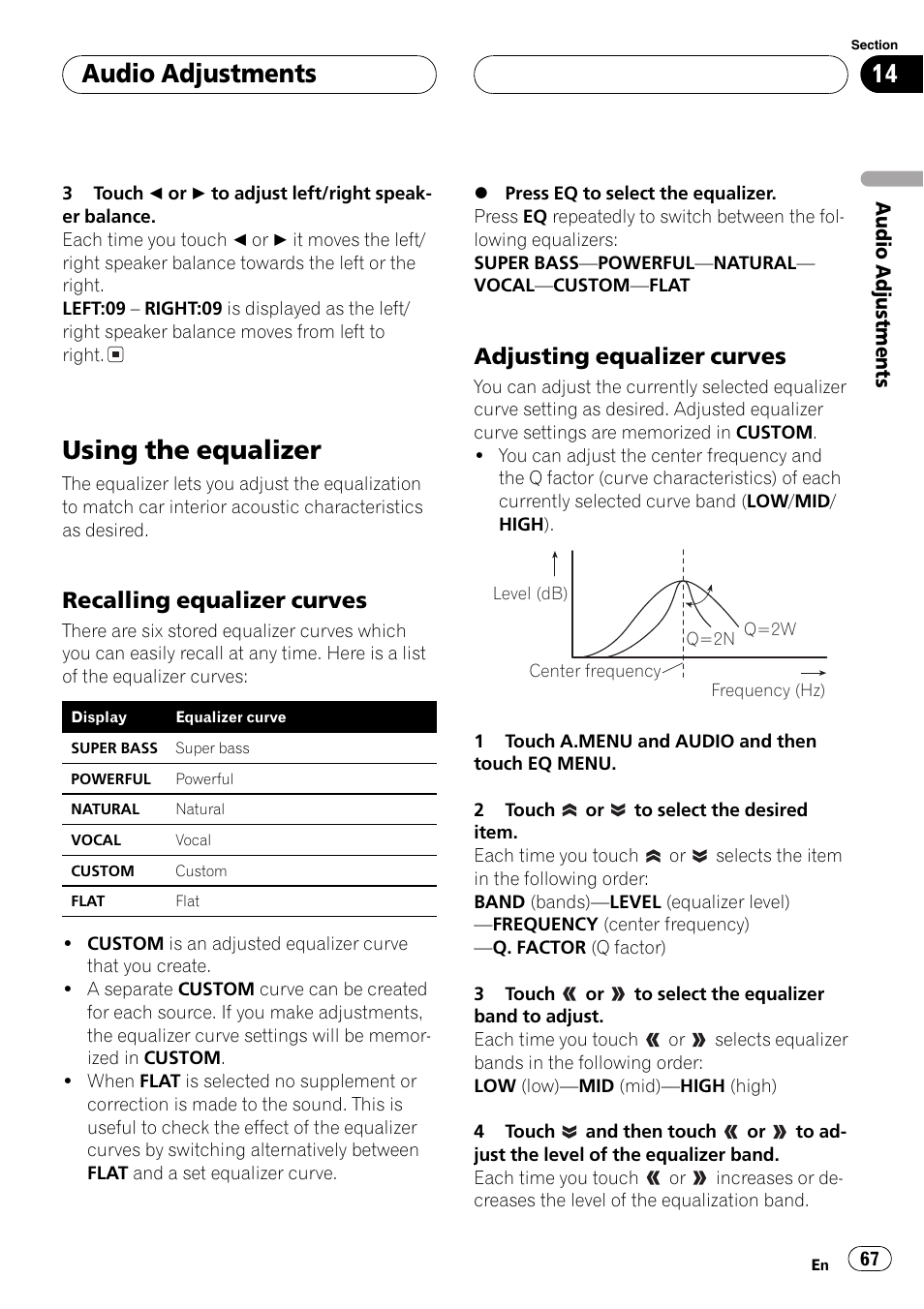 Using the equalizer 67, Using the equalizer, Audio adjustments | Recalling equalizer curves, Adjusting equalizer curves | Pioneer AVH-P6600DVD User Manual | Page 67 / 114