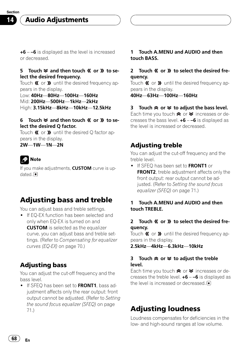 Adjusting bass and treble 68 adjusting loudness 68, Adjusting bass and treble, Adjusting loudness | Audio adjustments, Adjusting bass, Adjusting treble | Pioneer AVH-P6600DVD User Manual | Page 68 / 114