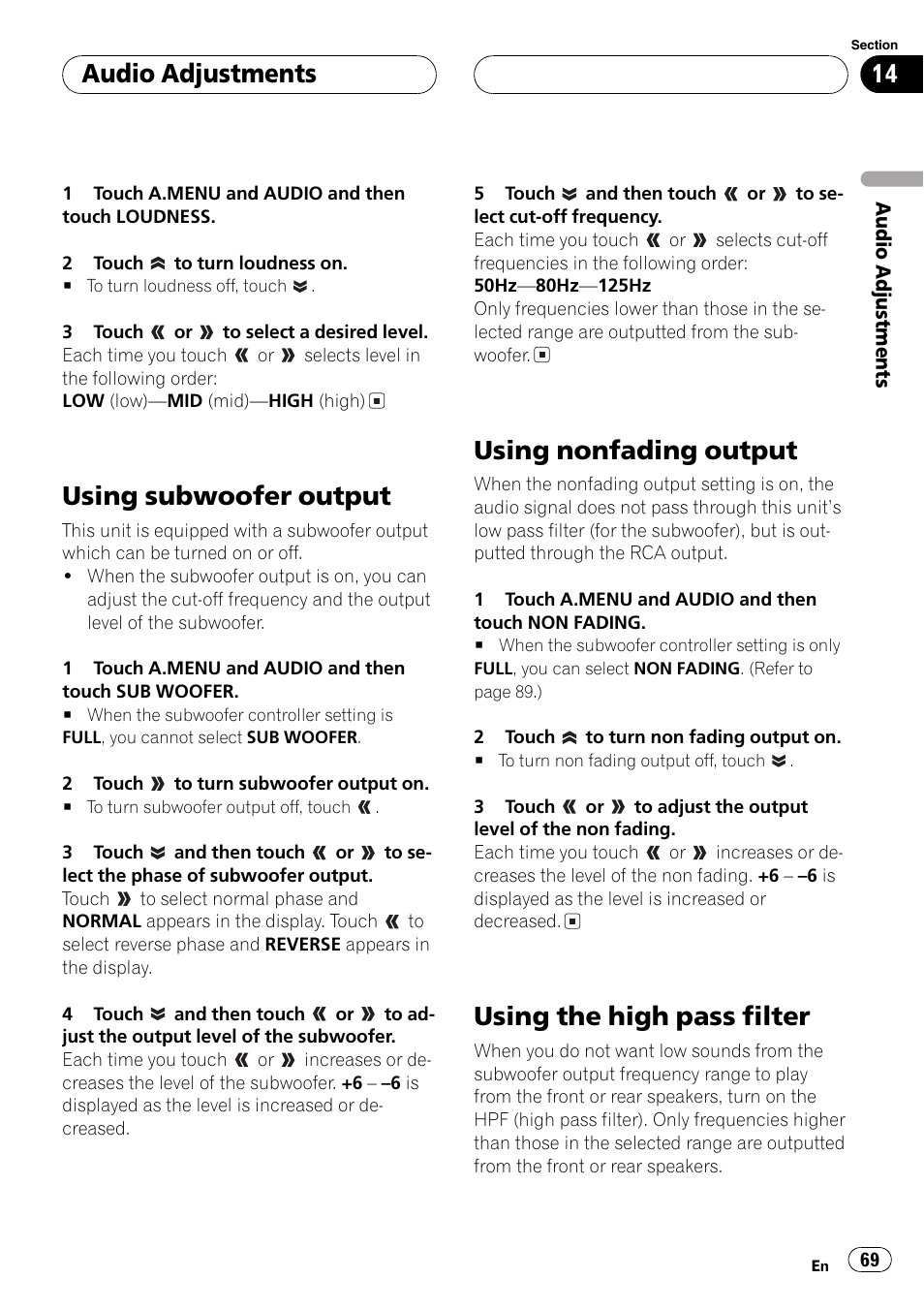 Using subwoofer output, Using nonfading output, Using the high pass filter | Audio adjustments | Pioneer AVH-P6600DVD User Manual | Page 69 / 114