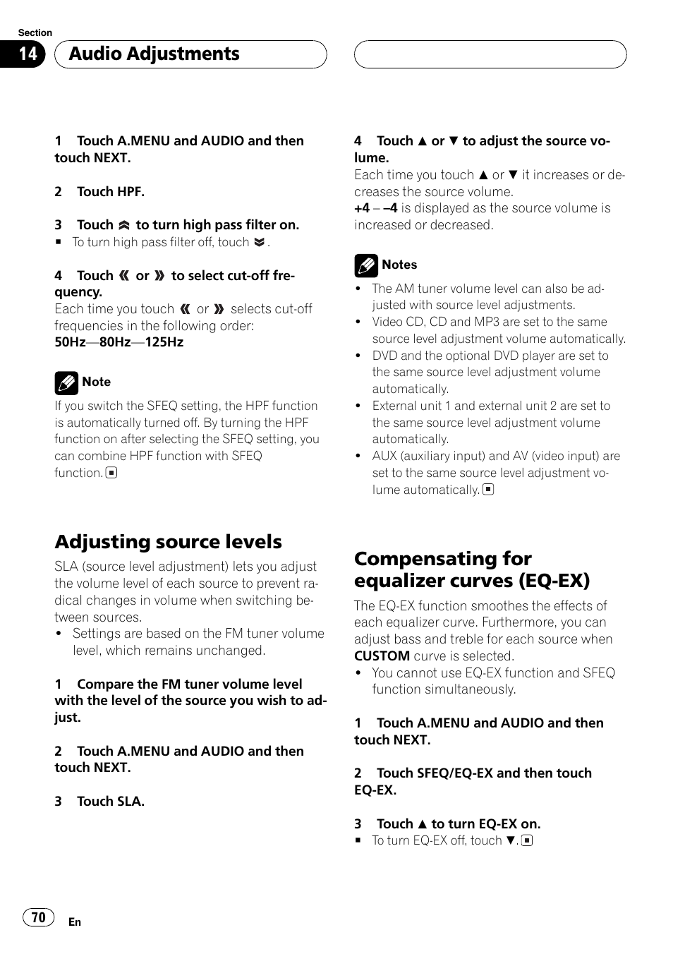 Ex) 70, Compensating for equalizer, Adjusting source levels | Compensating for equalizer curves (eq-ex), Audio adjustments | Pioneer AVH-P6600DVD User Manual | Page 70 / 114