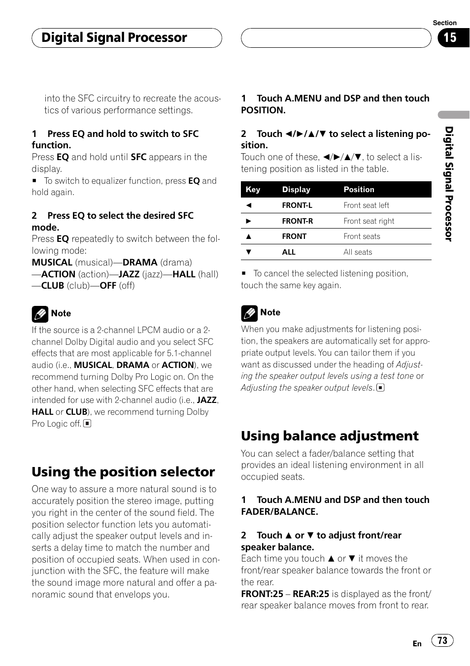 Using the position selector, Using balance adjustment, Digitalsignalprocessor | Pioneer AVH-P6600DVD User Manual | Page 73 / 114