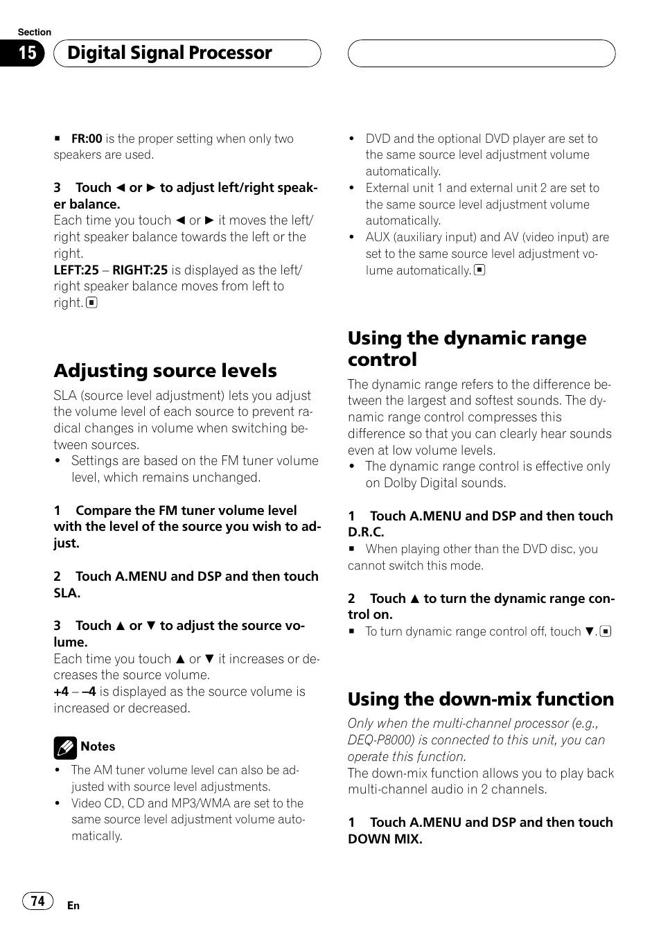Adjusting source levels, Using the dynamic range control, Using the down-mix function | Digitalsignalprocessor | Pioneer AVH-P6600DVD User Manual | Page 74 / 114