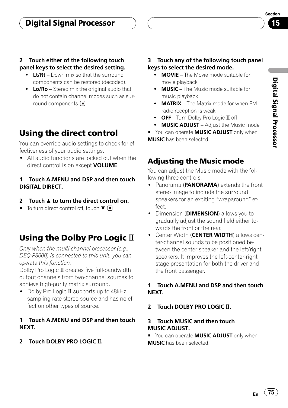 Using the direct control, Using the dolby pro logic b, Digitalsignalprocessor | Adjusting the music mode | Pioneer AVH-P6600DVD User Manual | Page 75 / 114