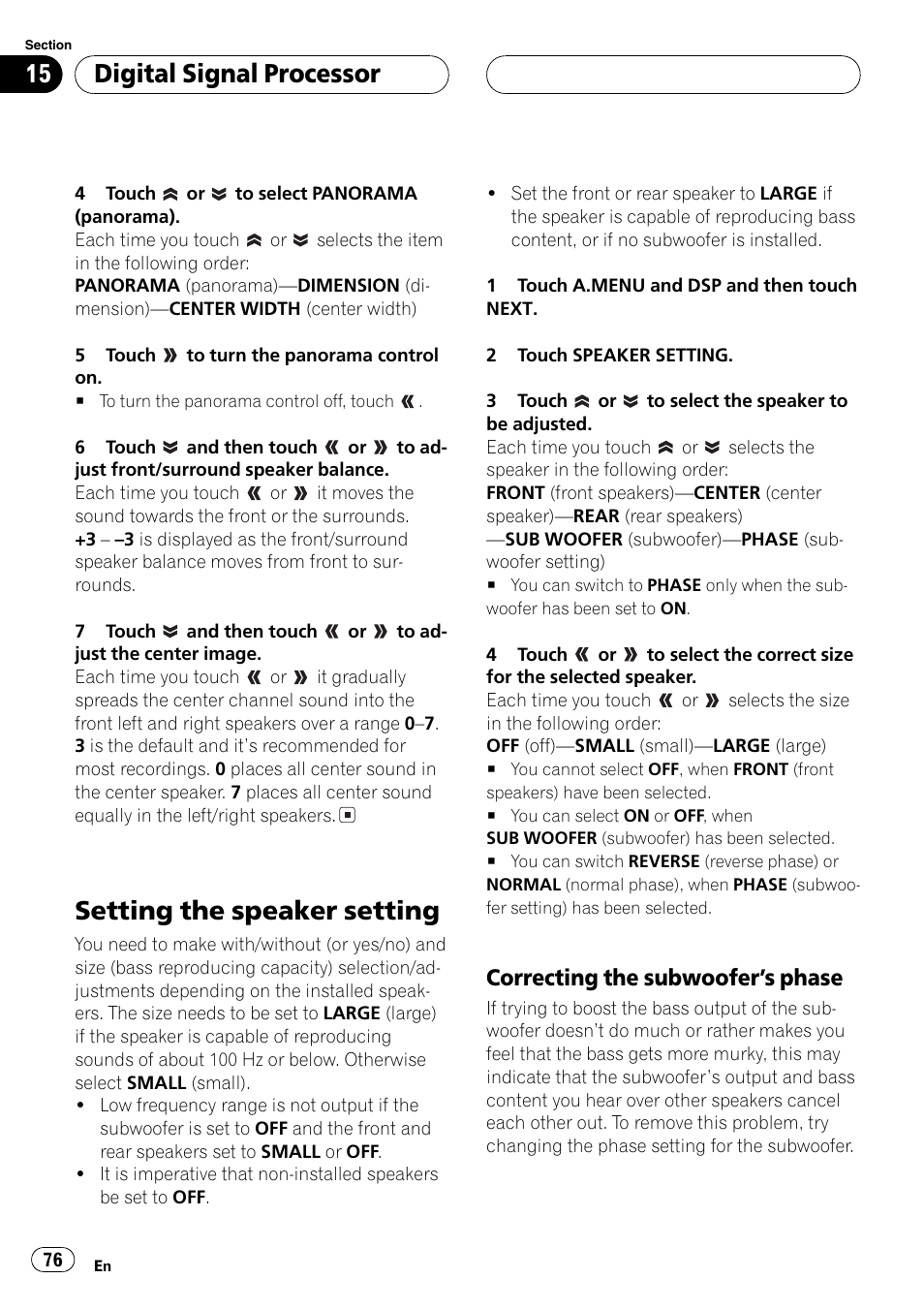 Setting the speaker setting 76, Setting the speaker setting, Digitalsignalprocessor | Correcting the subwoofers phase | Pioneer AVH-P6600DVD User Manual | Page 76 / 114