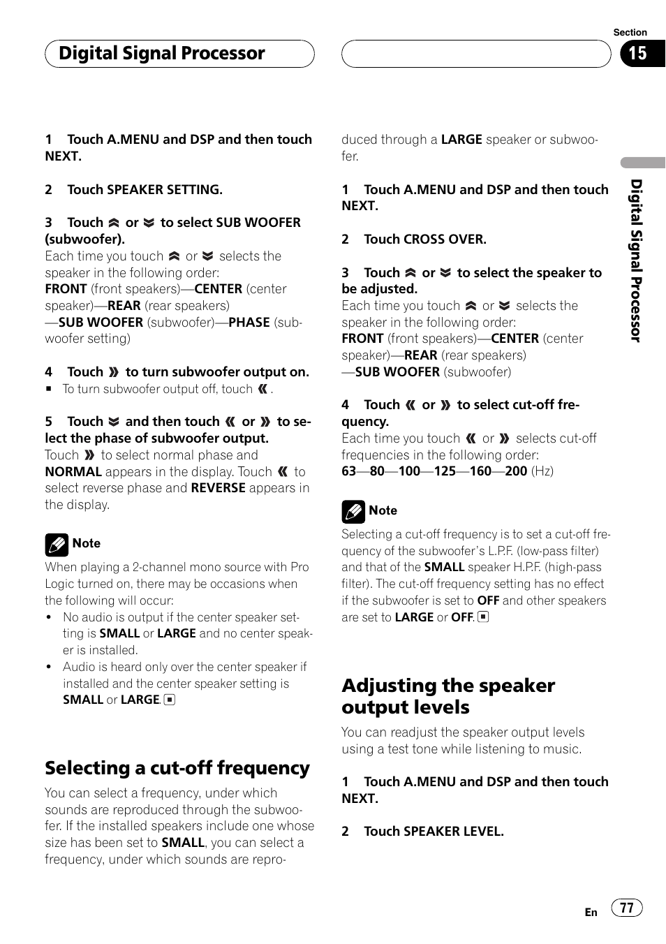 Selecting a cut-off frequency, Adjusting the speaker output levels, Digitalsignalprocessor | Pioneer AVH-P6600DVD User Manual | Page 77 / 114