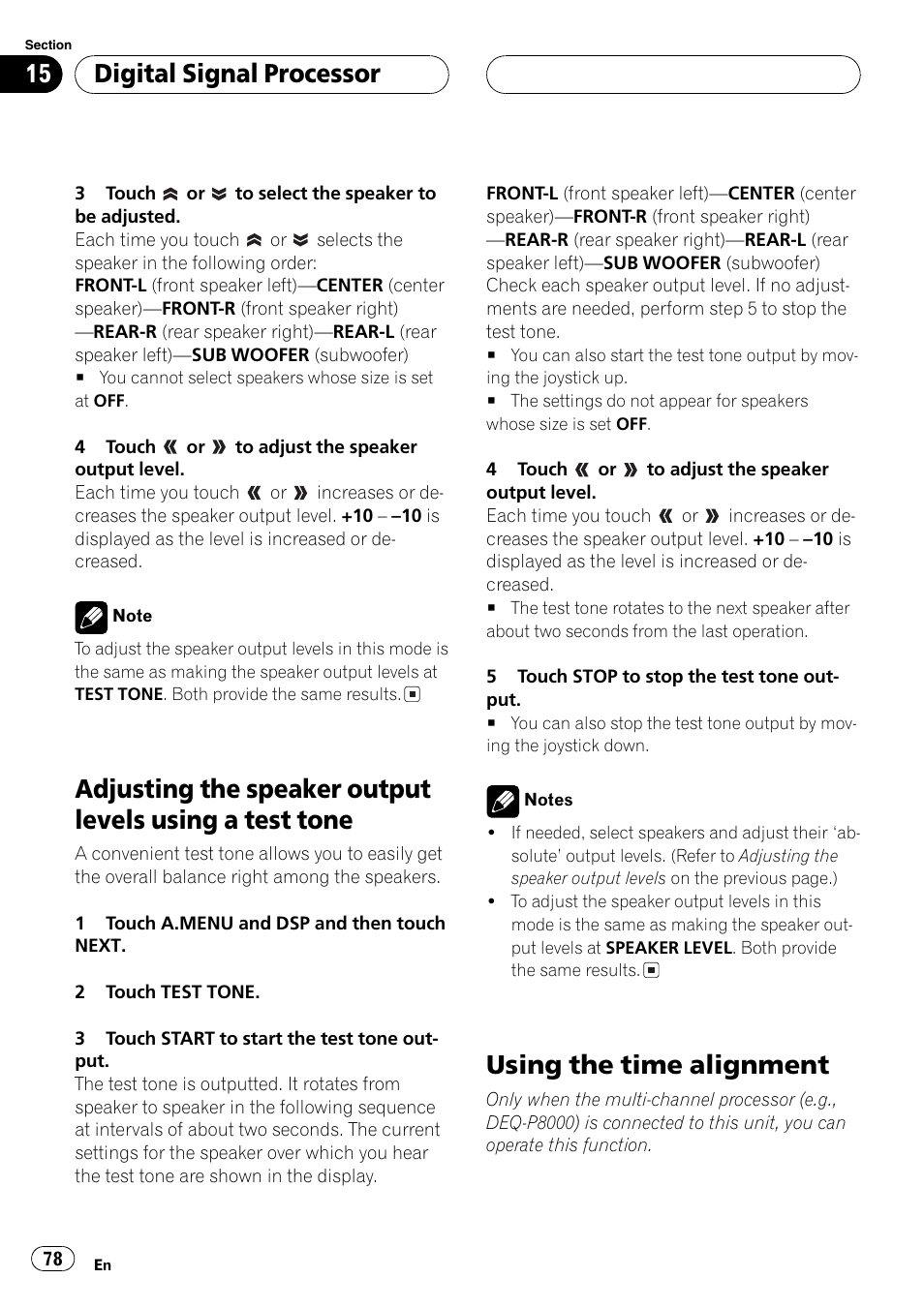 Adjusting the speaker output levels using a, Test tone 78, Using the time alignment 78 | Test tone, Using the time alignment, Digitalsignalprocessor | Pioneer AVH-P6600DVD User Manual | Page 78 / 114