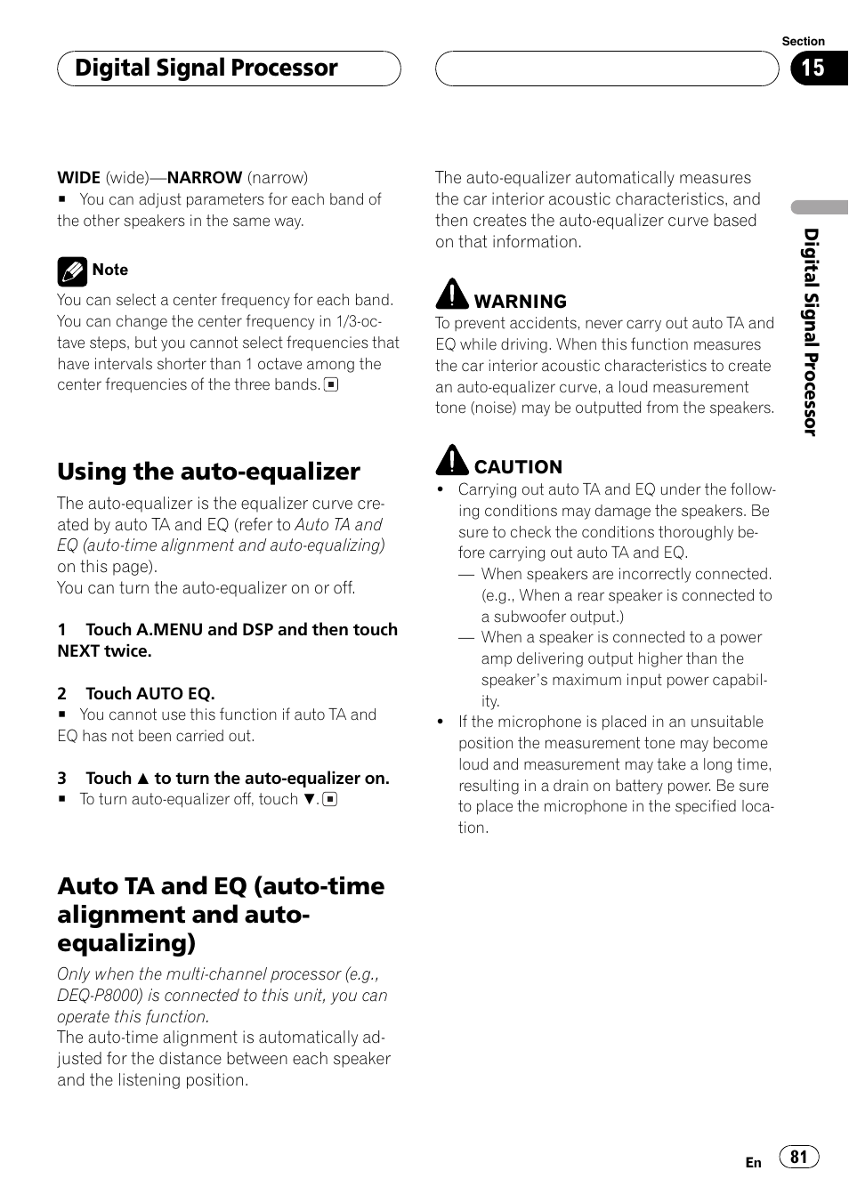 Auto-equalizing) 81, Auto ta and eq (auto-time alignment and auto, Equalizing) | Using the auto-equalizer, Digitalsignalprocessor | Pioneer AVH-P6600DVD User Manual | Page 81 / 114