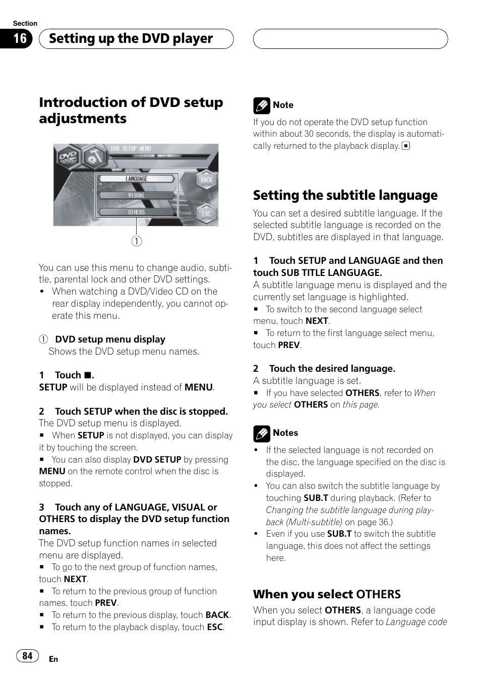 Introduction of dvd setup adjustments, Setting the subtitle language, Setting up the dvd player | When you select others | Pioneer AVH-P6600DVD User Manual | Page 84 / 114